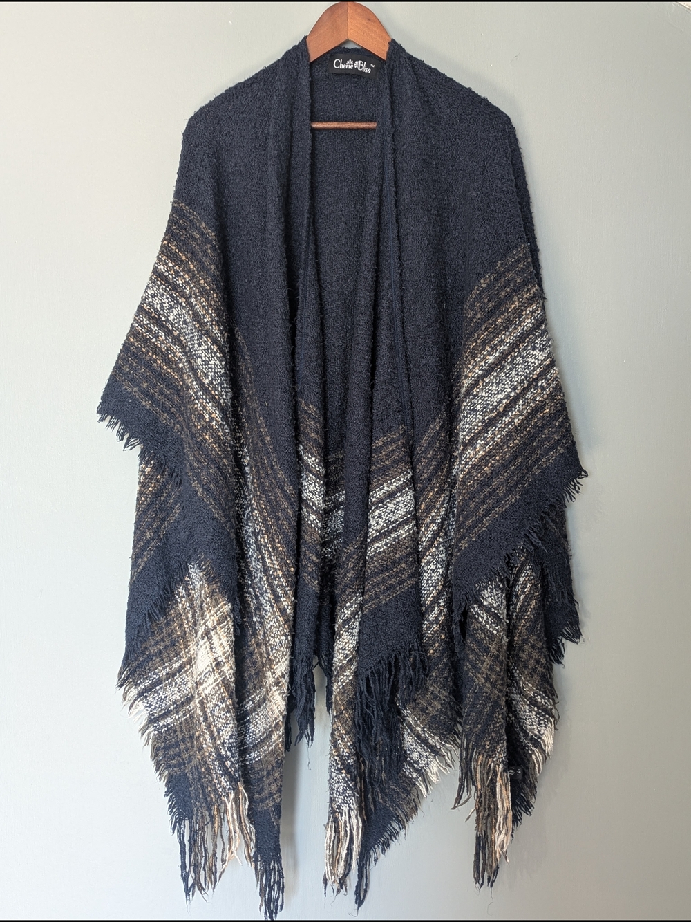 Cherie Bliss Navy & Cream Fringed Knit Shrug Poncho